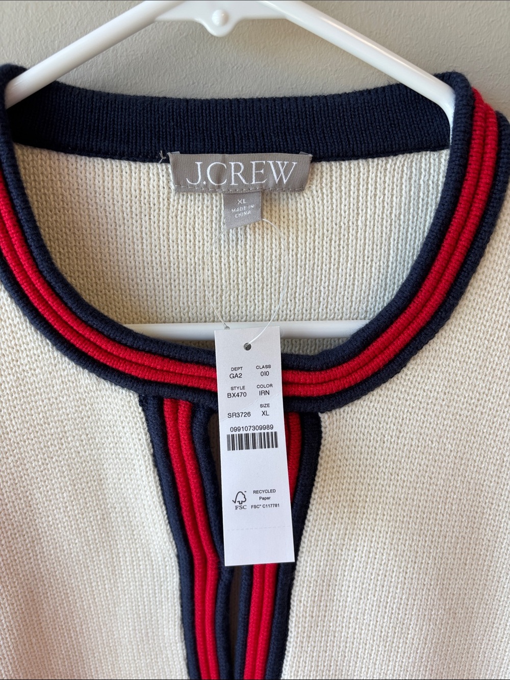 J. Crew Cream Knit Cardigan with Navy & Red Trim - Picture 2 of 5